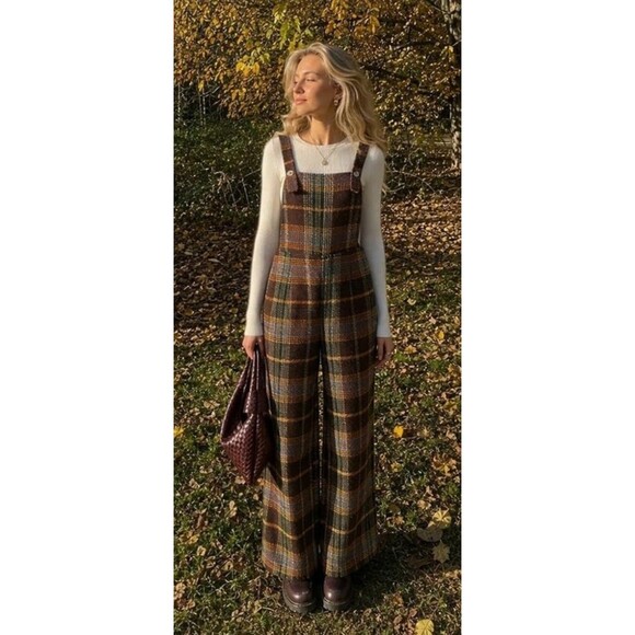 CIDER Pants - CIDER Brown Tweed Plaid Wide-Leg Bib Jumpsuit Overalls Romper XL Clueless Pocket